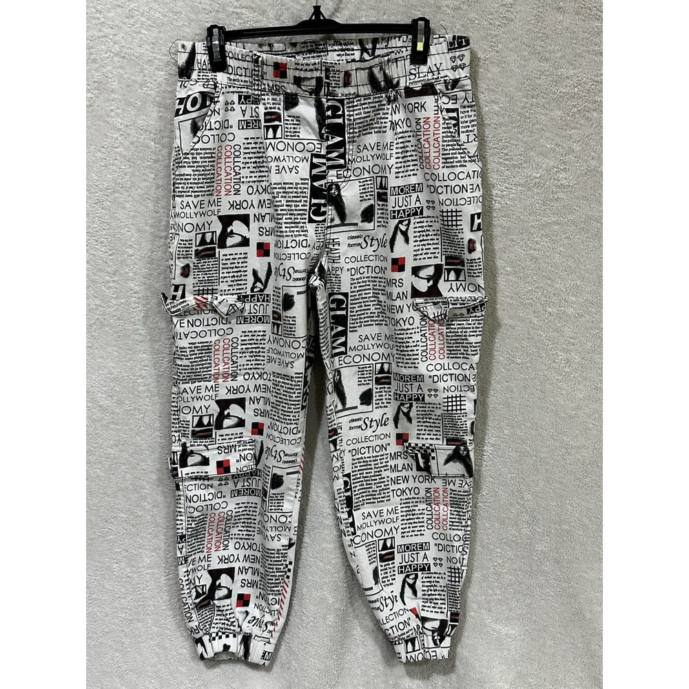 VIP Newspaper Graffiti Streetwear Jogger Pants Womens 15/ 32 Black Pull‎ On
